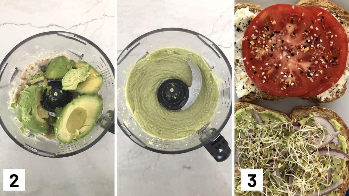 Set of three photos showing avocado added to the food processor and then assembling.