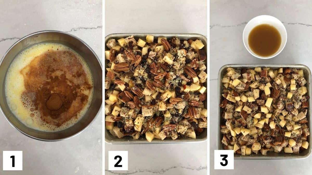 Set of three photos showing how to make french toast casserole.