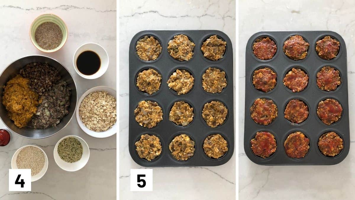 Set of three photos showing making the meatloaf mixture in a bowl, pressing it into a muffin tin, then topping with ketchup.