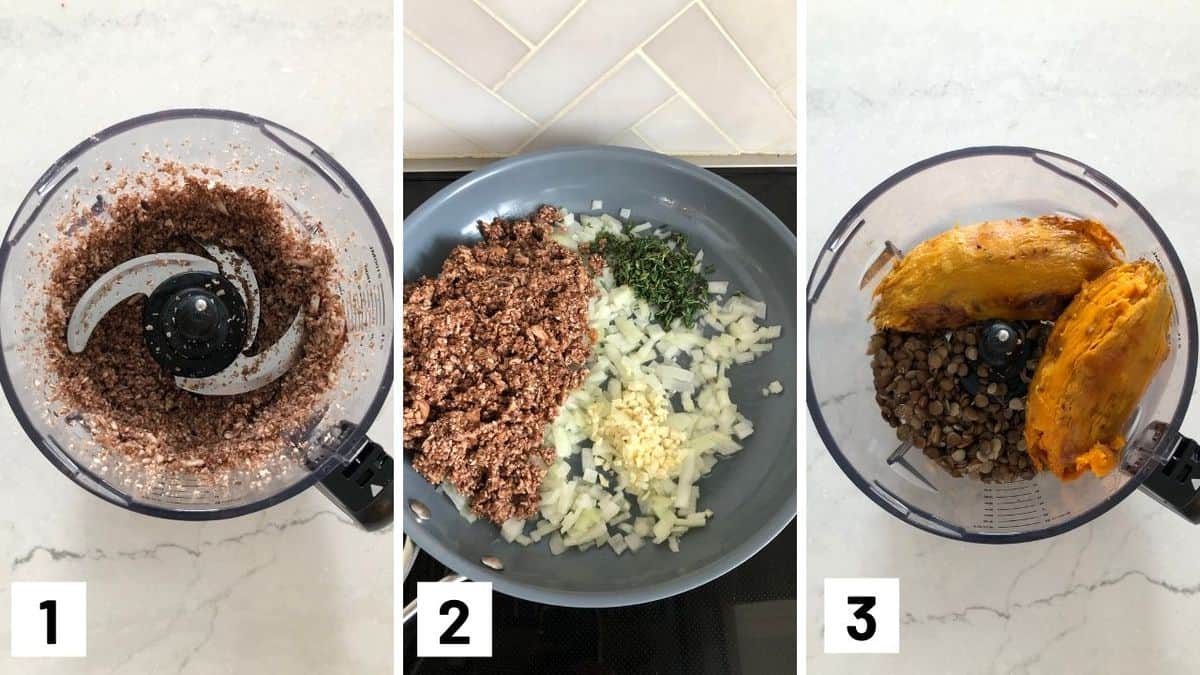 Set of three photos showing processing mushrooms, sautéing the onions, garlic, mushrooms, and thyme, and food processing lentils and sweet potatoes.