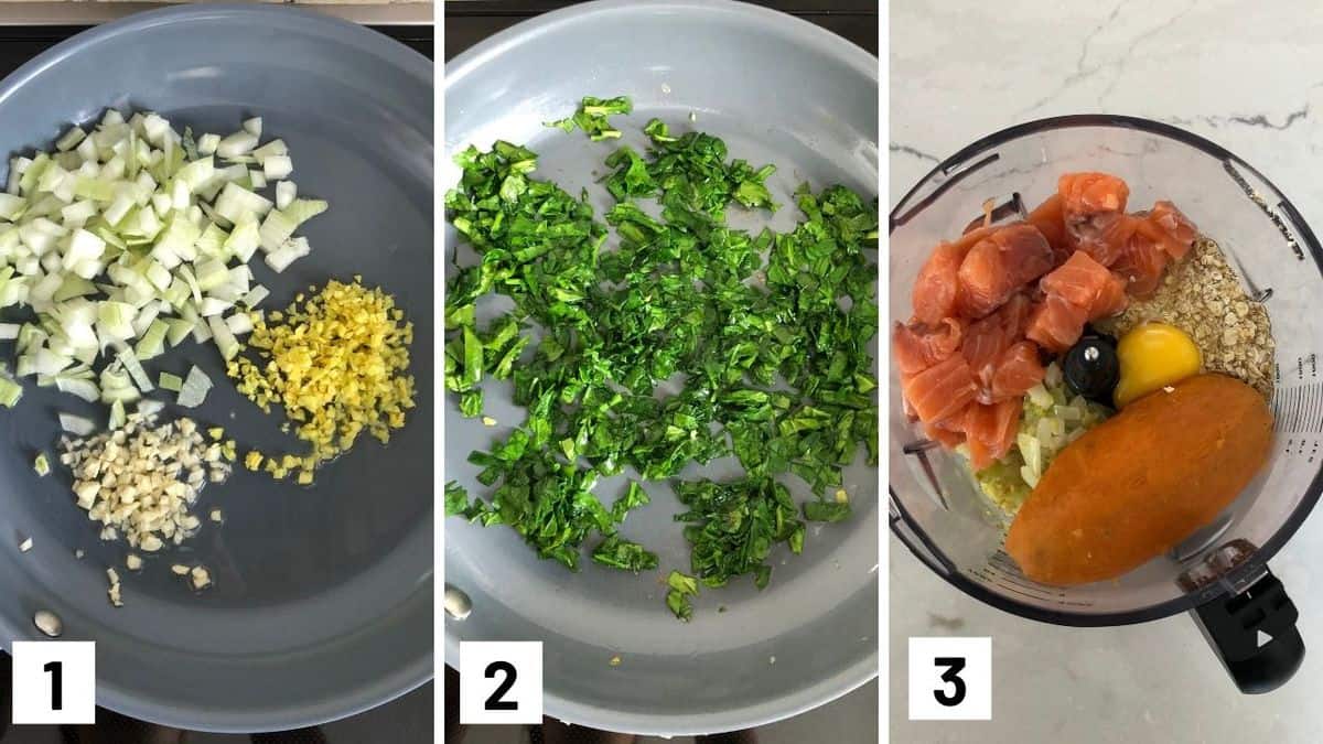 Set of 3 photos showing sauteing the ingredients for fritters before adding them to a food processor.