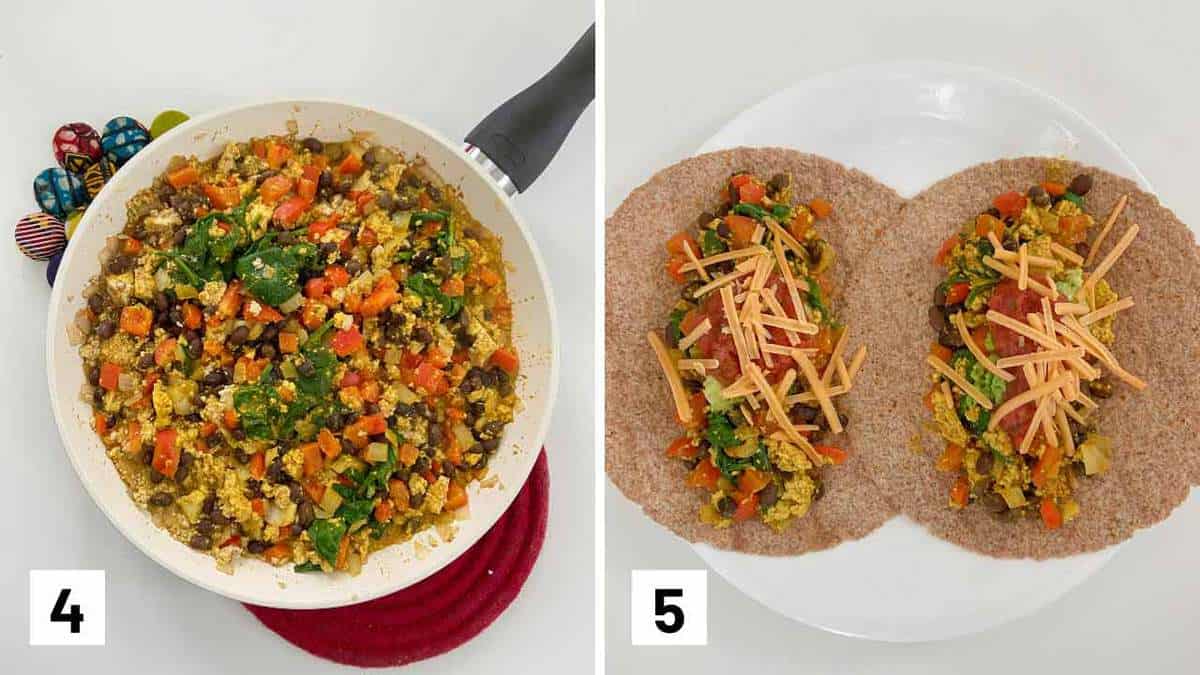 Set of two photos showing turmeric soy milk mixture added to the skillet and then plated on tortillas.