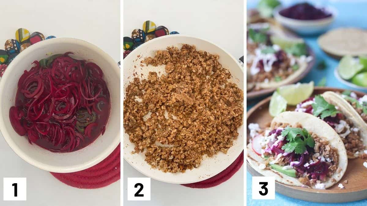 Set of three photos showing how to quickly pickle ingredients, sauteing the walnut filling, and assembling the tacos.