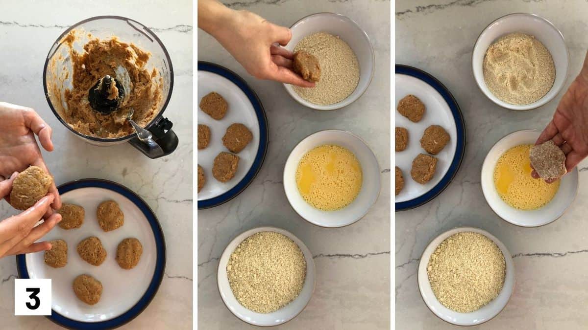 Set of three photos showing shaping the chicken nuggets and then breading them.