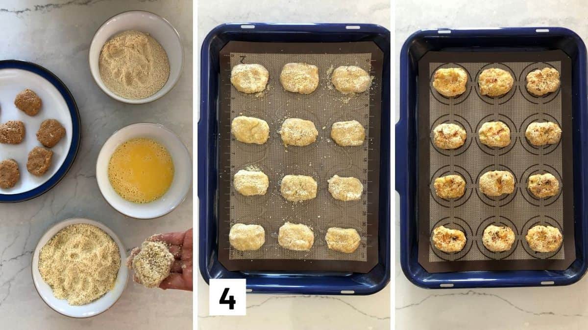 Set of three photos showing the breading process and then baking the nuggets on a sheet pan.