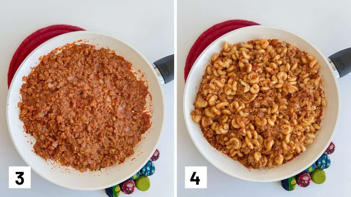 Set of two photos showing cooking down sauce for beefaroni and adding in the cooked pasta to the sauce.