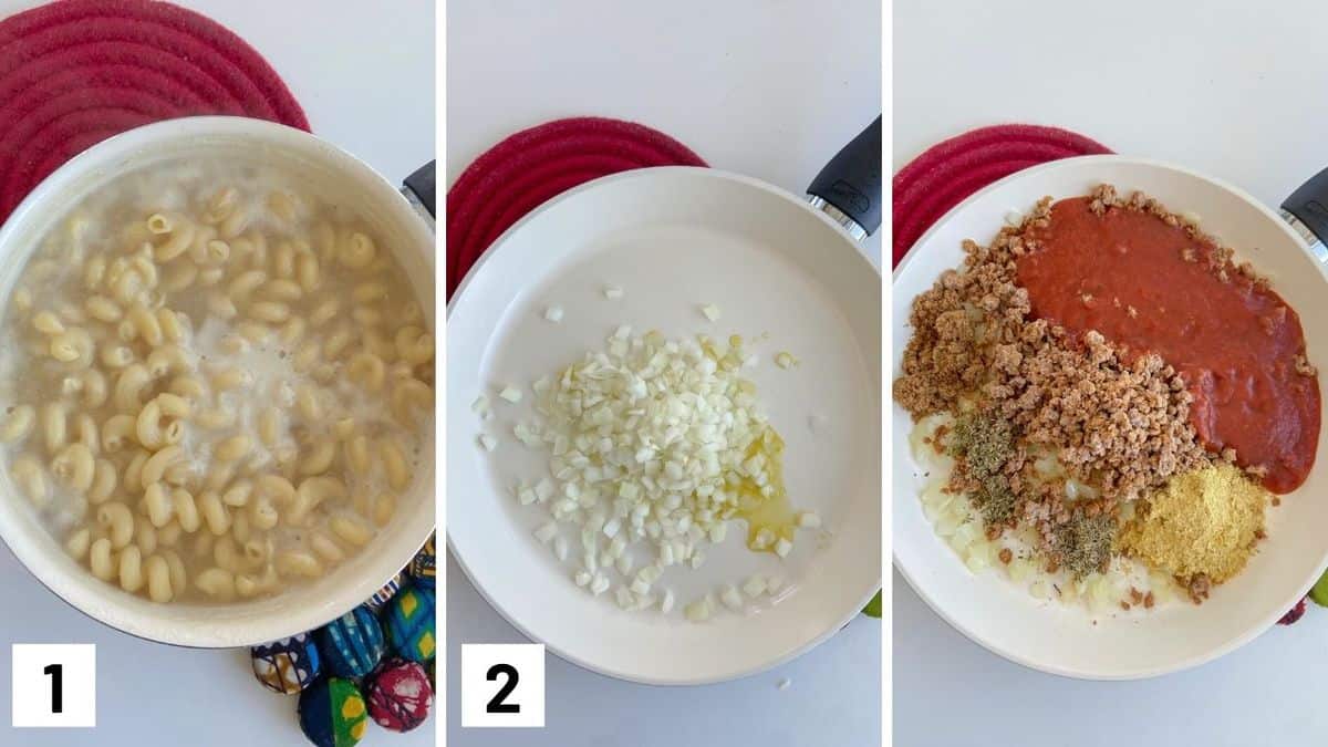 Set of three photos showing cooking pasta, sauteing onions, and adding in sauce, nutritional yeast, and vegan beef into a pan.