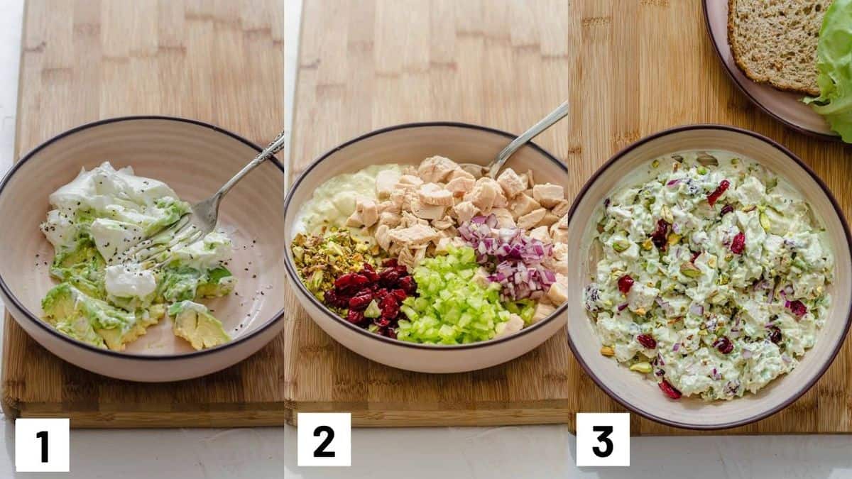 Three side by side images showing how to mash mayo and avocado, add ingredients, and combine. 