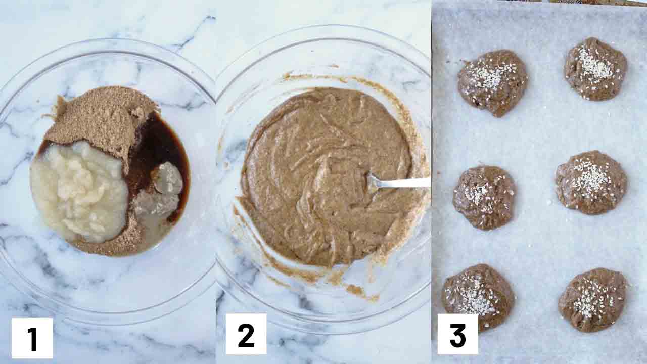 Three side by side images showing how to prepare tahini cookies recipe by mixing batter and putting cookies on baking sheet. 