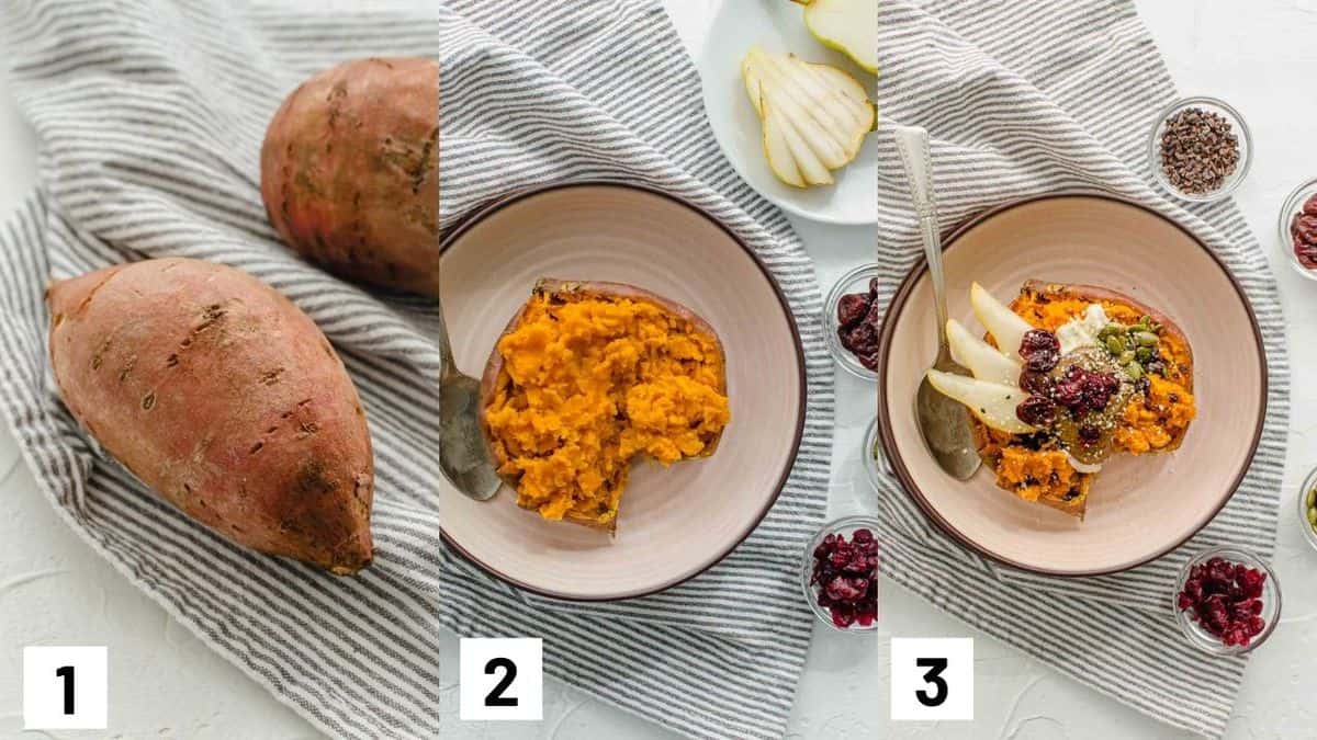 Three side by side images showing how to prepare recipe including heating yam and adding recipe toppings. 