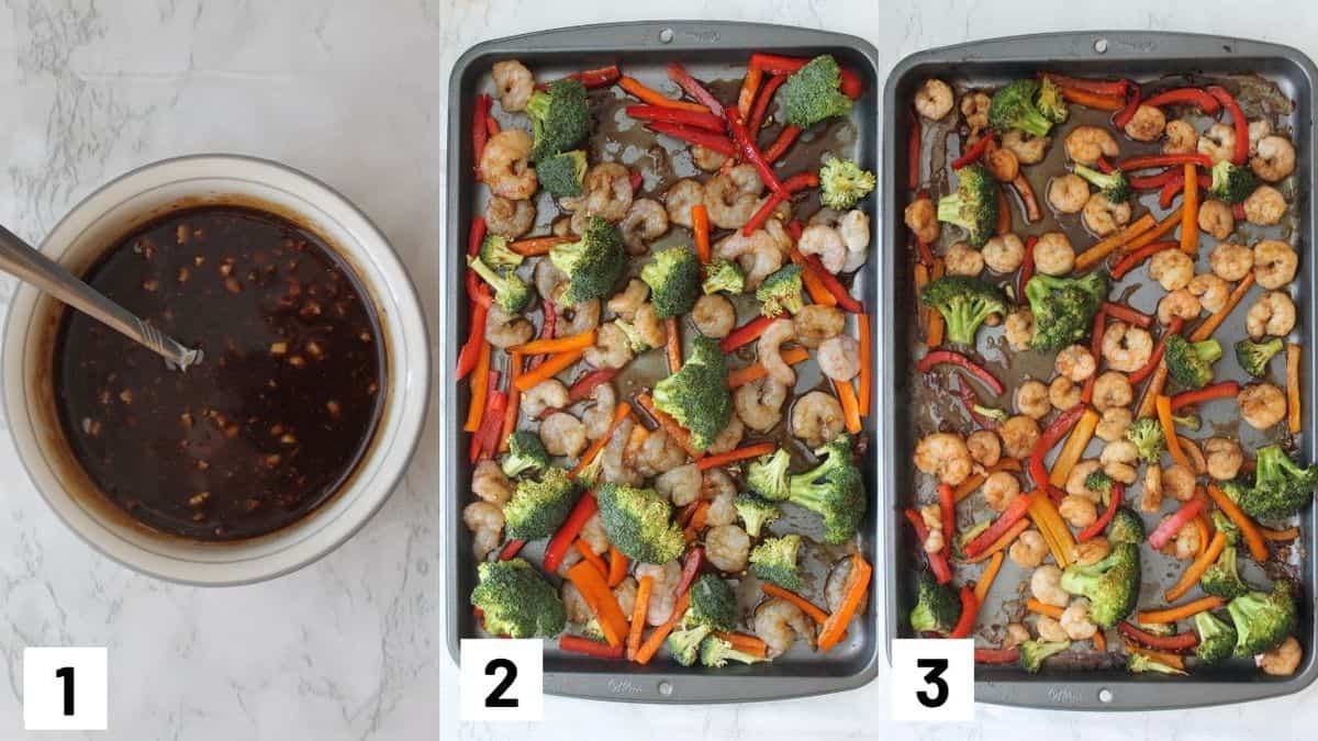 Three side by side images showing how to prepare the sauce and the sheet pan.