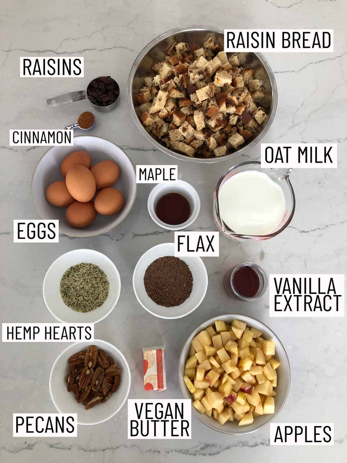 Overhead view of ingredients needed to make a french toast casserole.