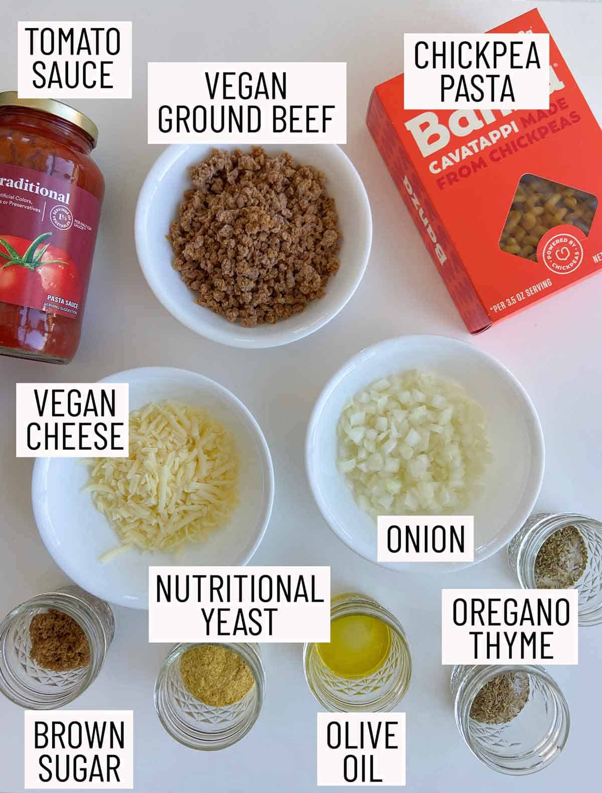 Overhead view of ingredients needed to make vegan beefaroni.