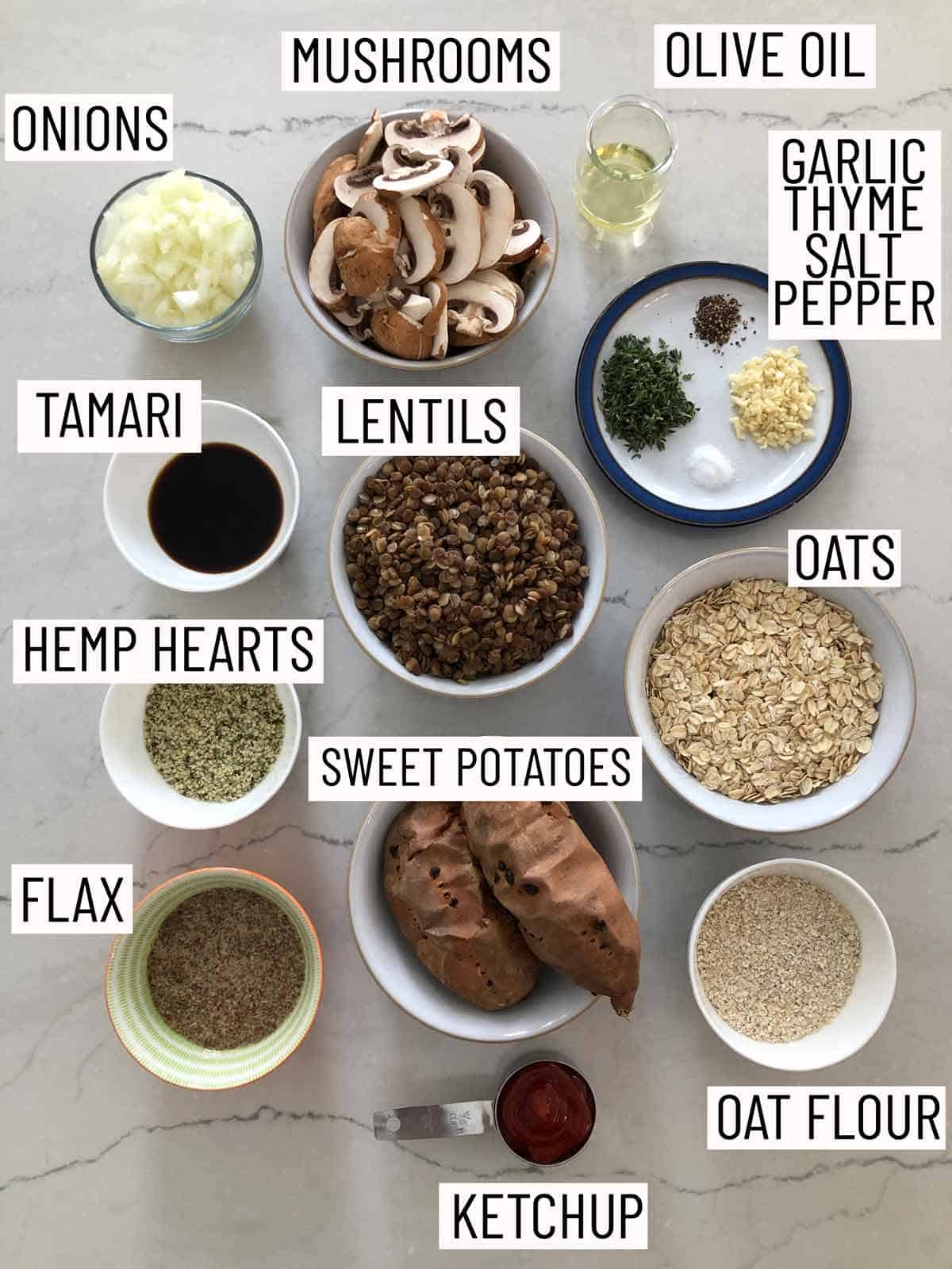 Ingredients needed to make BLW vegan lentil meatloaf.