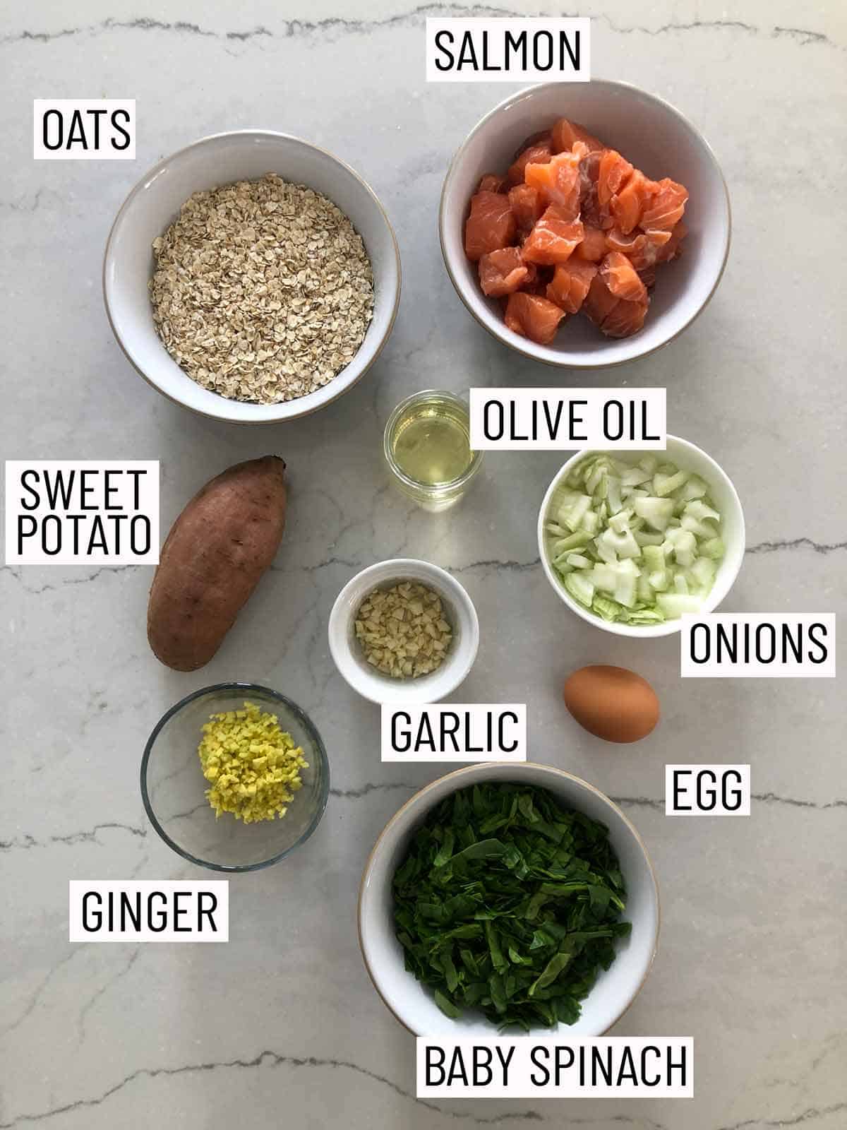 Overhead view of ingredients needed to make salmon fritters.