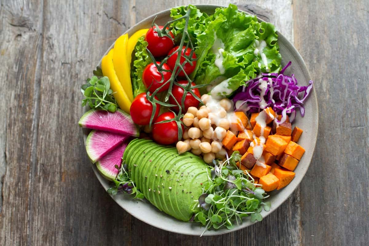 Birds eye view of a plant-based meal for those following the type A blood type diet.