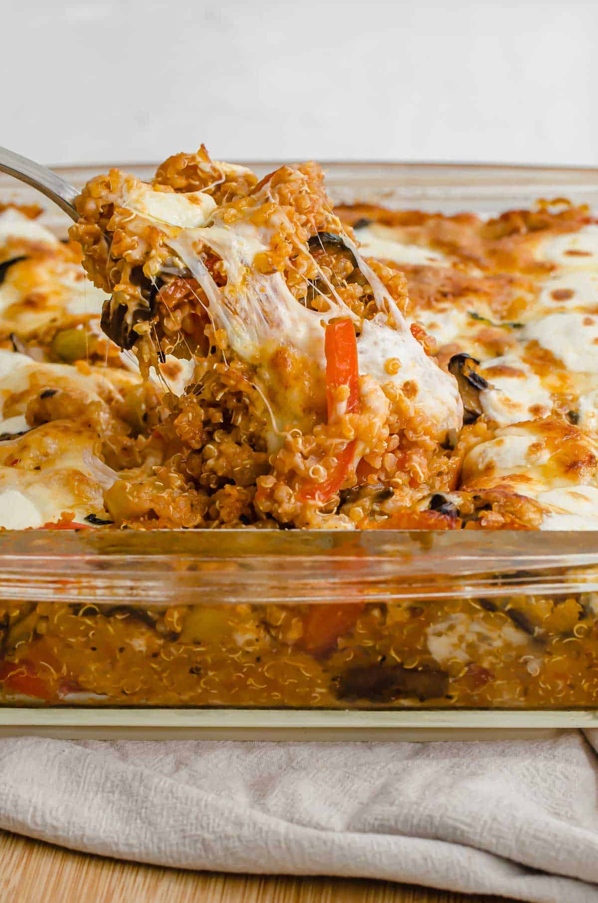 Close up of easy pizza casserole  in a casserole dish. 