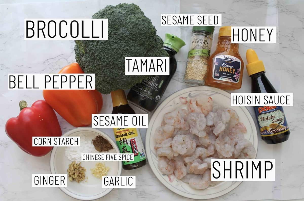 Flat lay image showing portioned recipe ingredients. 