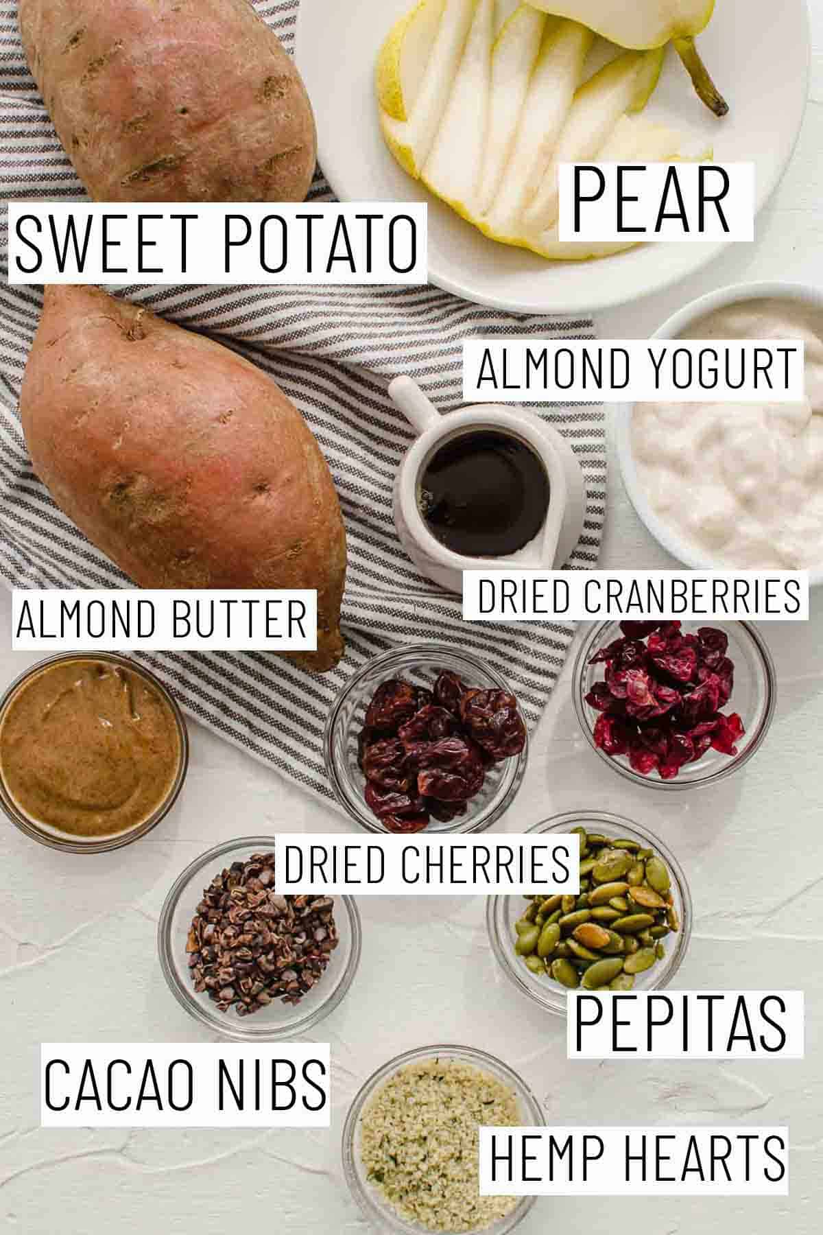 Flat lay image of portioned recipe ingredients including sweet potato, pear, almond yogurt, dried cranberries, almond butter, dried cherries, pepitas, cacao nibs, and hemp hearts. 