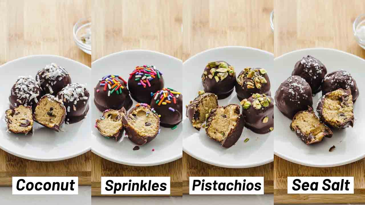 Four side by side images showing cookie dough topping options including coconut flakes, sprinkles, pistachio, and sea salt. 