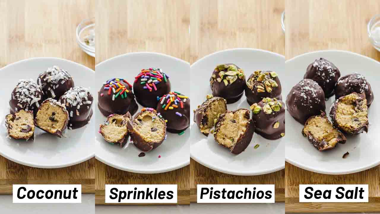 Four side by side images showing cookie dough topping options including coconut flakes, sprinkles, pistachio, and sea salt.