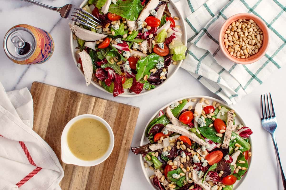 Birds eye view of several chicken salads as a meal option for those on the type B blood type diet. 