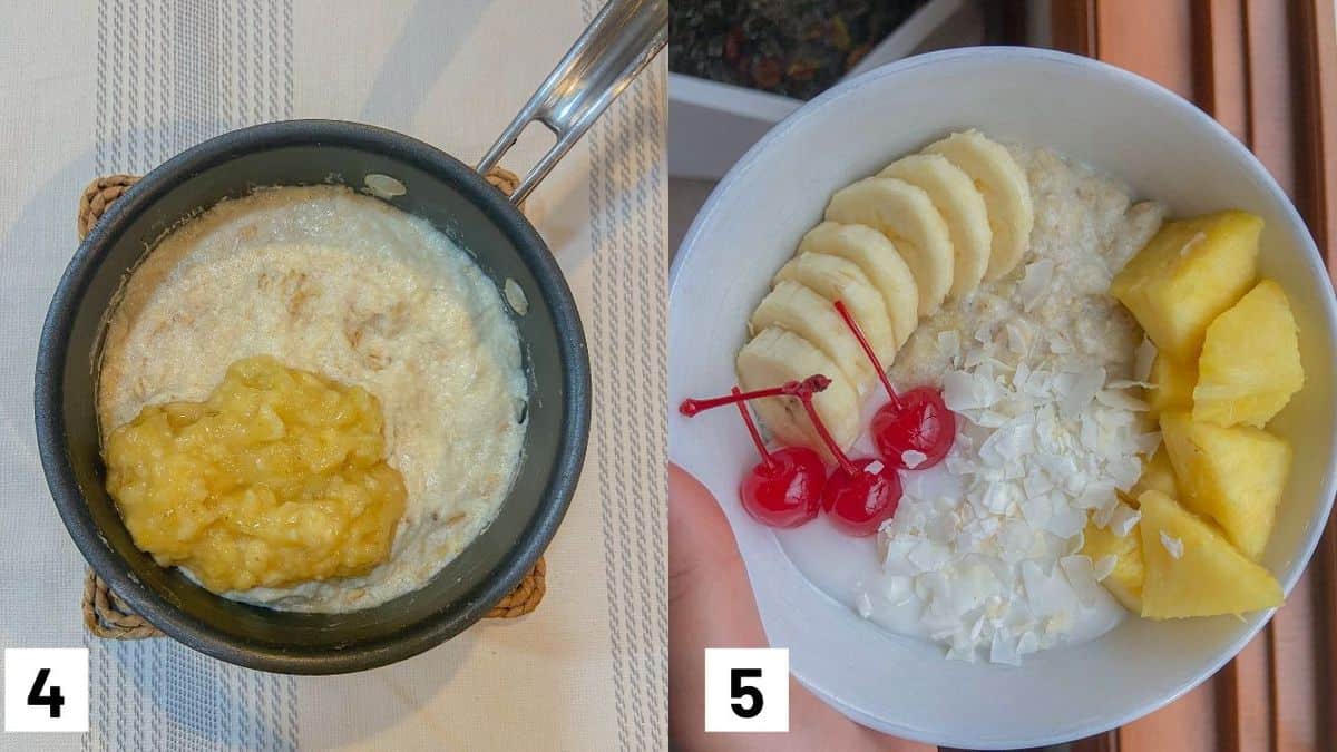 Two side by side images showing how to add bananas into oats and garnishing with sliced bananas, cherries, and pineapple. 