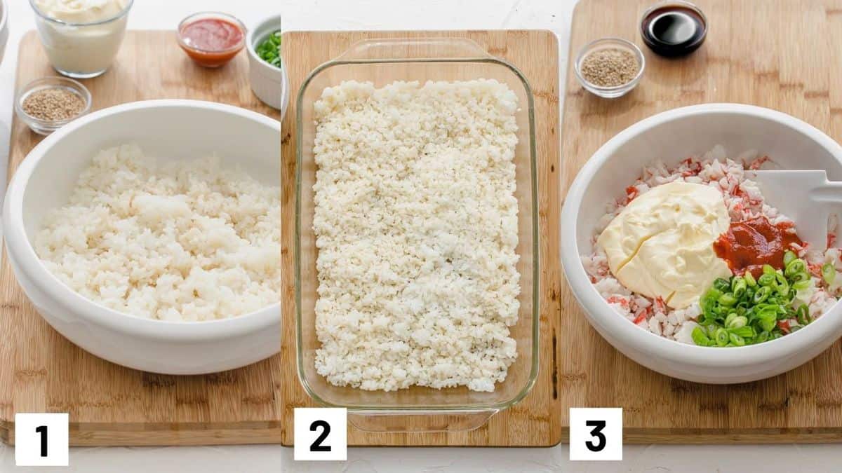 Three side by side images showing how to prepare sushi rice and crab mixture.