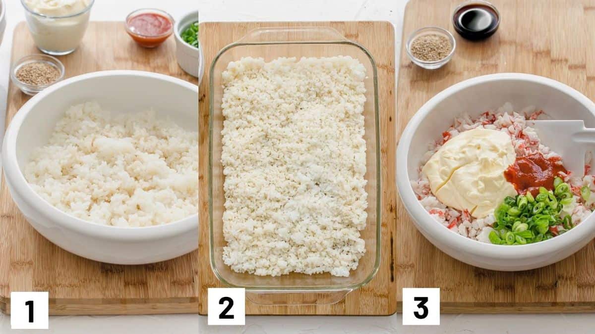 Three side by side images showing how to prepare sushi rice and crab mixture. 