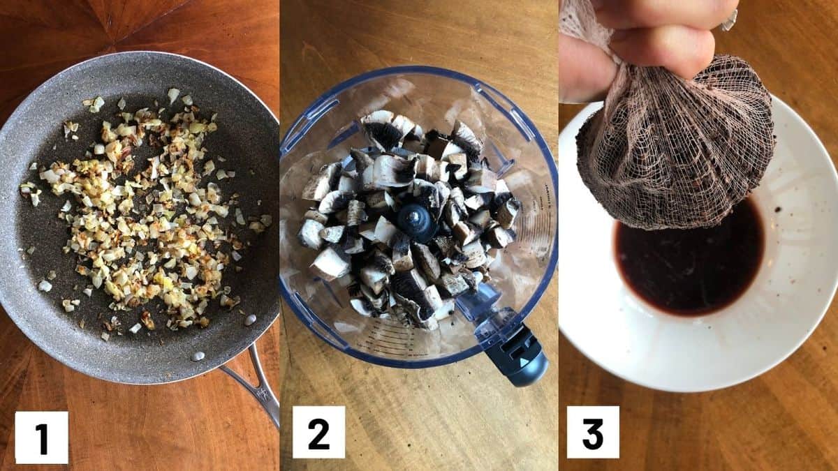 Three side by side images showing how to prepare onions and mushrooms.