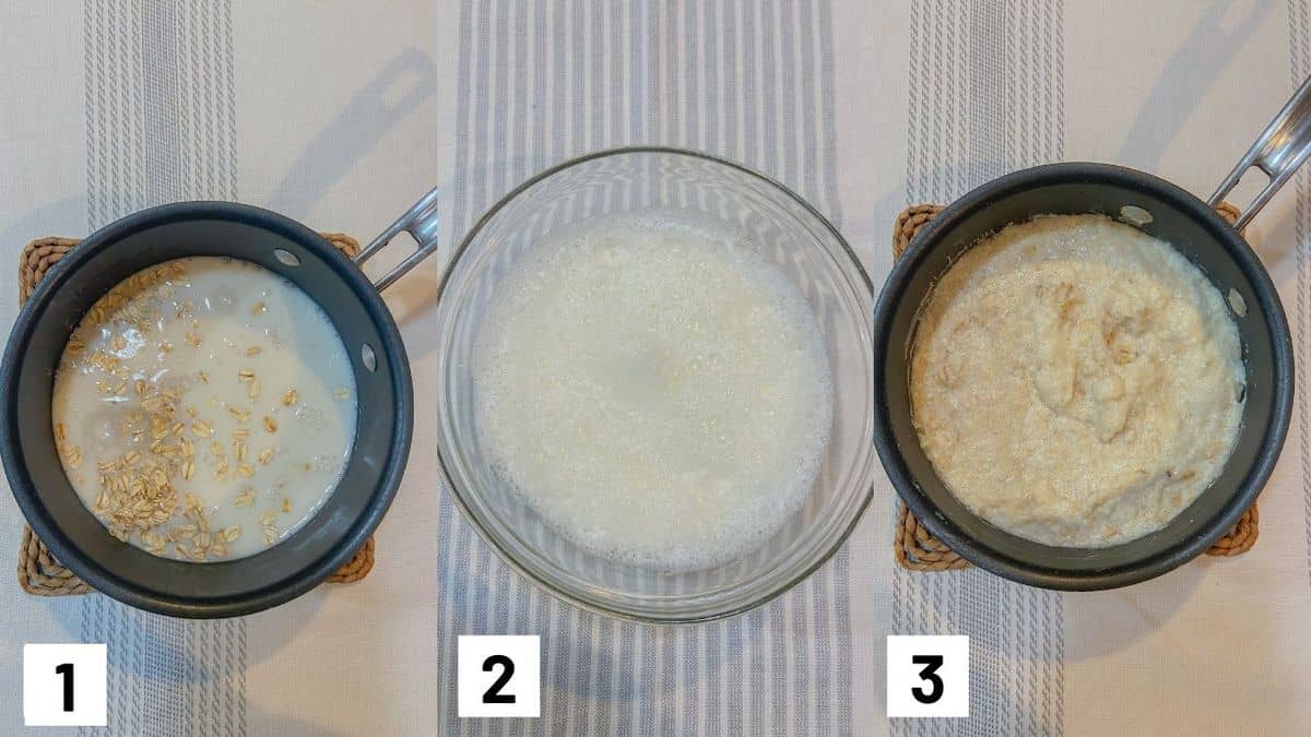 Three side by side images showing how to prepare oats. 