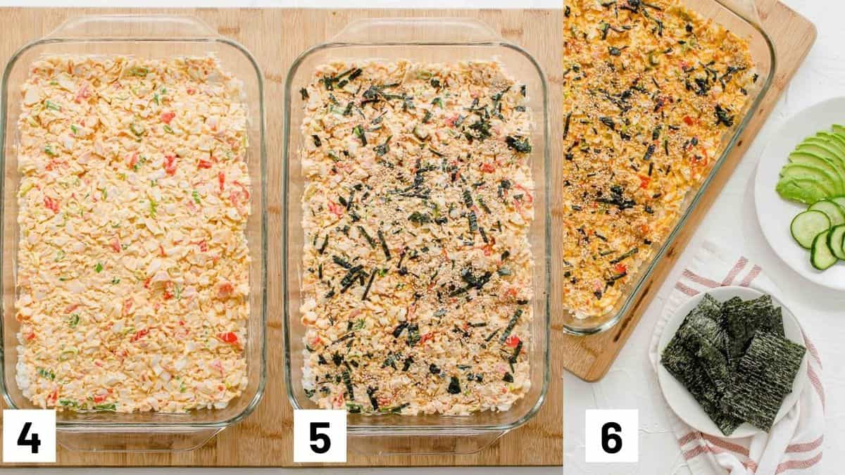 Three side by side images showing how to layer casserole dish.