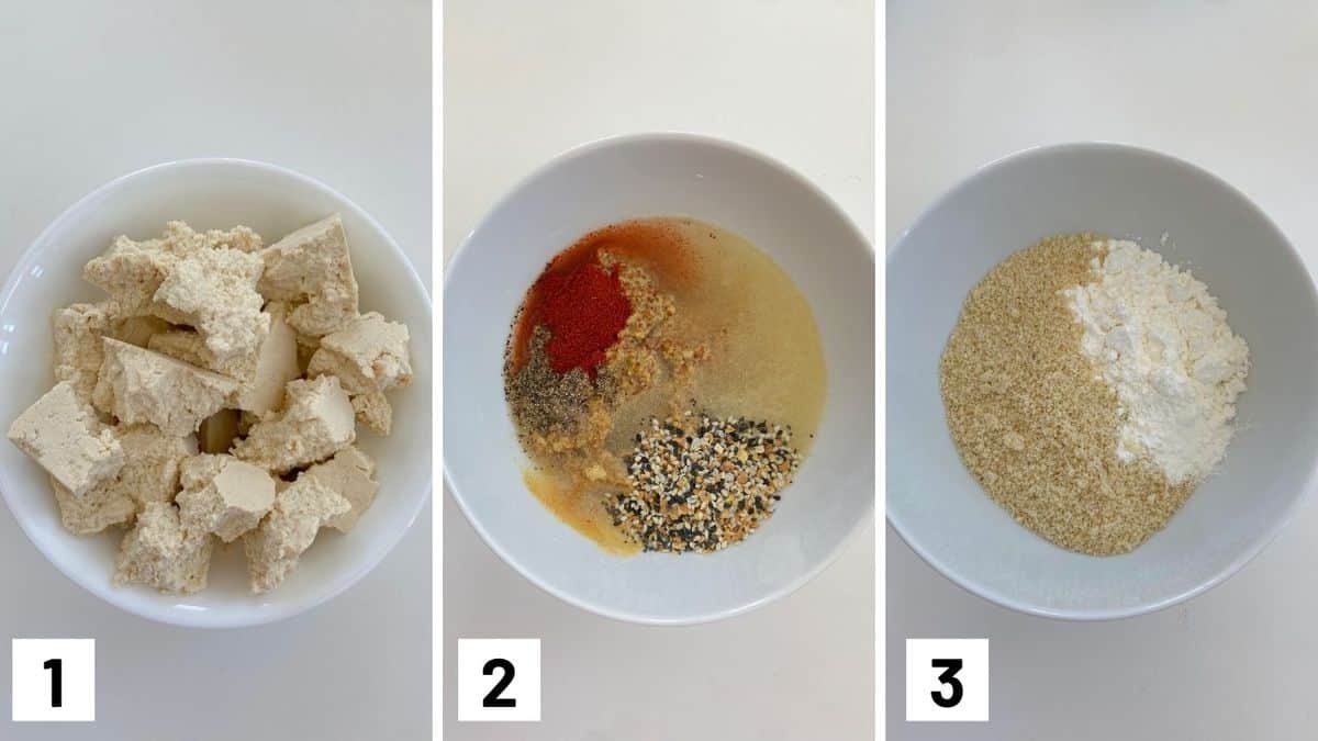 Set of three photos showing ripped tofu, seasoning mix, and flour mixture.