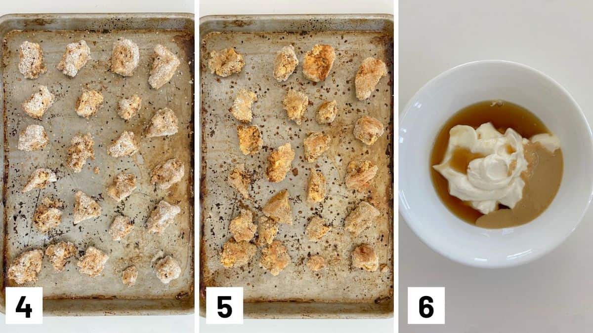 Set of three photos showing baked tofus before and after baking, and ingredients for the dipping sauce.