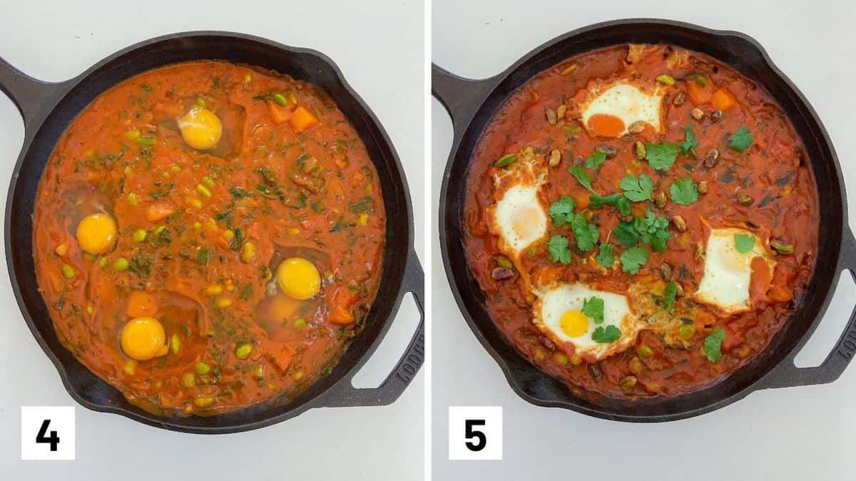 Set of two photos showing eggs being added to the shakshuka and then baked.