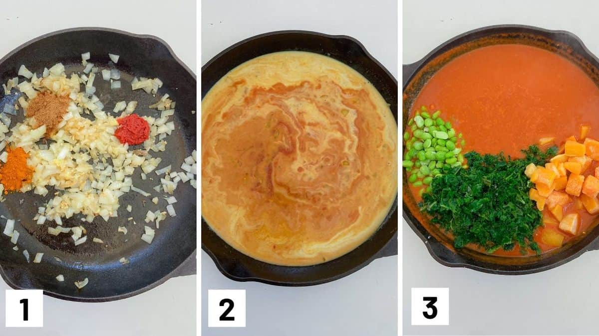 Set of 3 photos showing a cast iron with onions being cooked with spices, tomato and coconut milk mixed together, and then butternut squash, kale, and edamame added.