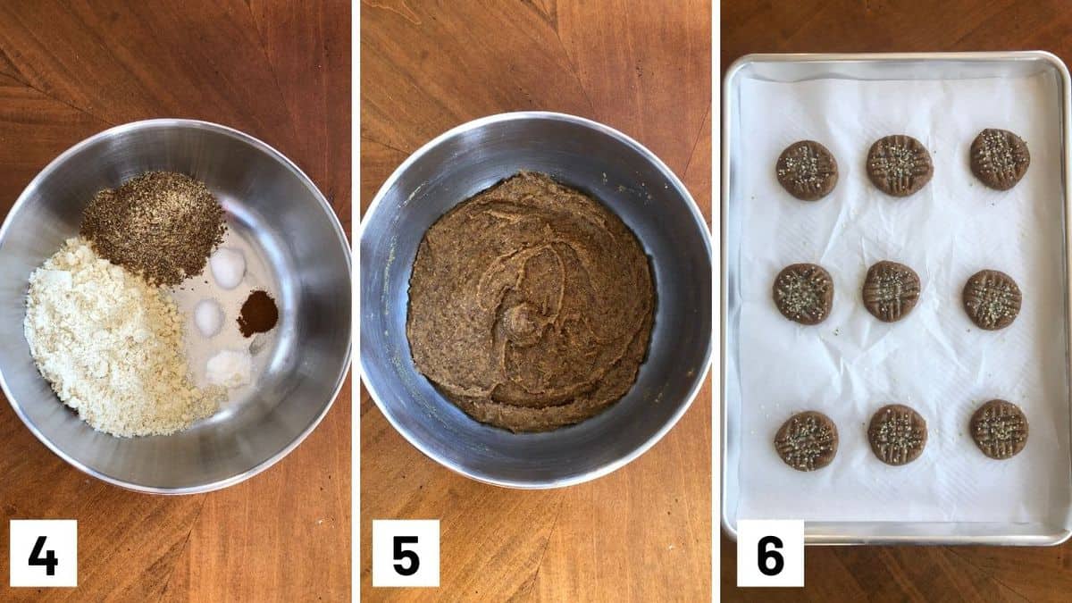 Set of three photos showing the dry ingredients added to a bowl, then mixing dry with wet ingredients, and the cookies baked on a sheet pan.