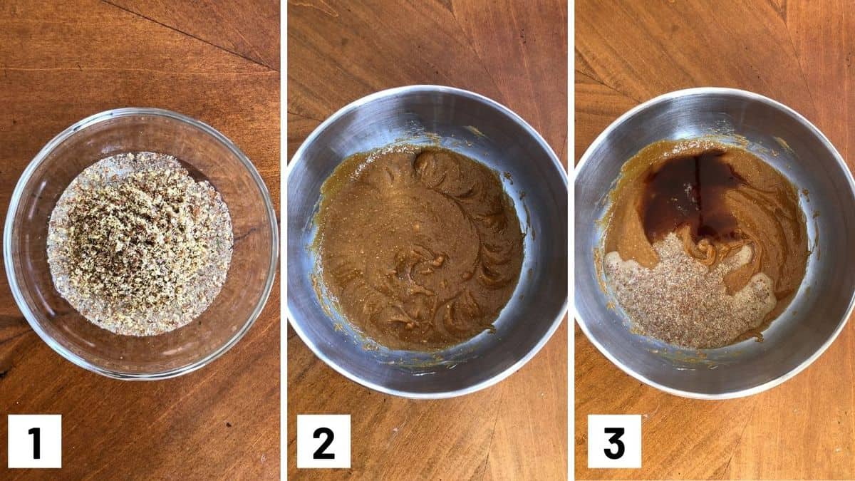 Set of three photos showing flax egg being made, vegan butter being creamed, and flax egg and vanilla added to the butter.