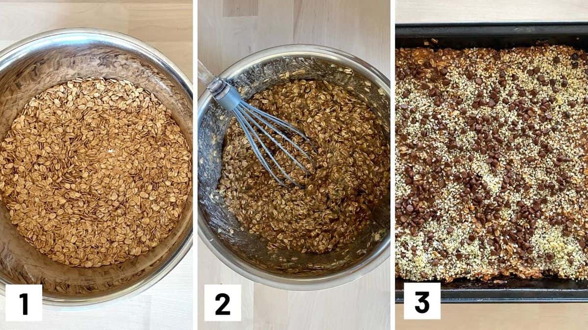 Set of three photos showing mixing the dry ingredients in a bowl, adding in the wet ingredients, then transferring to bake in a pan with toppings.