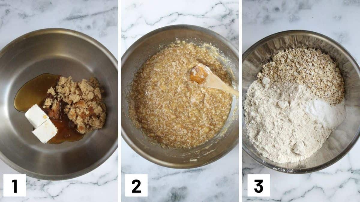 Set of three photos showing how to mix the ingredients together.