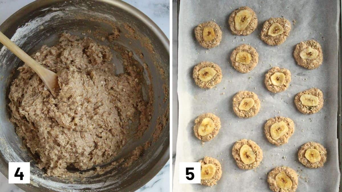 Set of two photos showing the cookie batter mixed and turned into cookies with a banana on top.