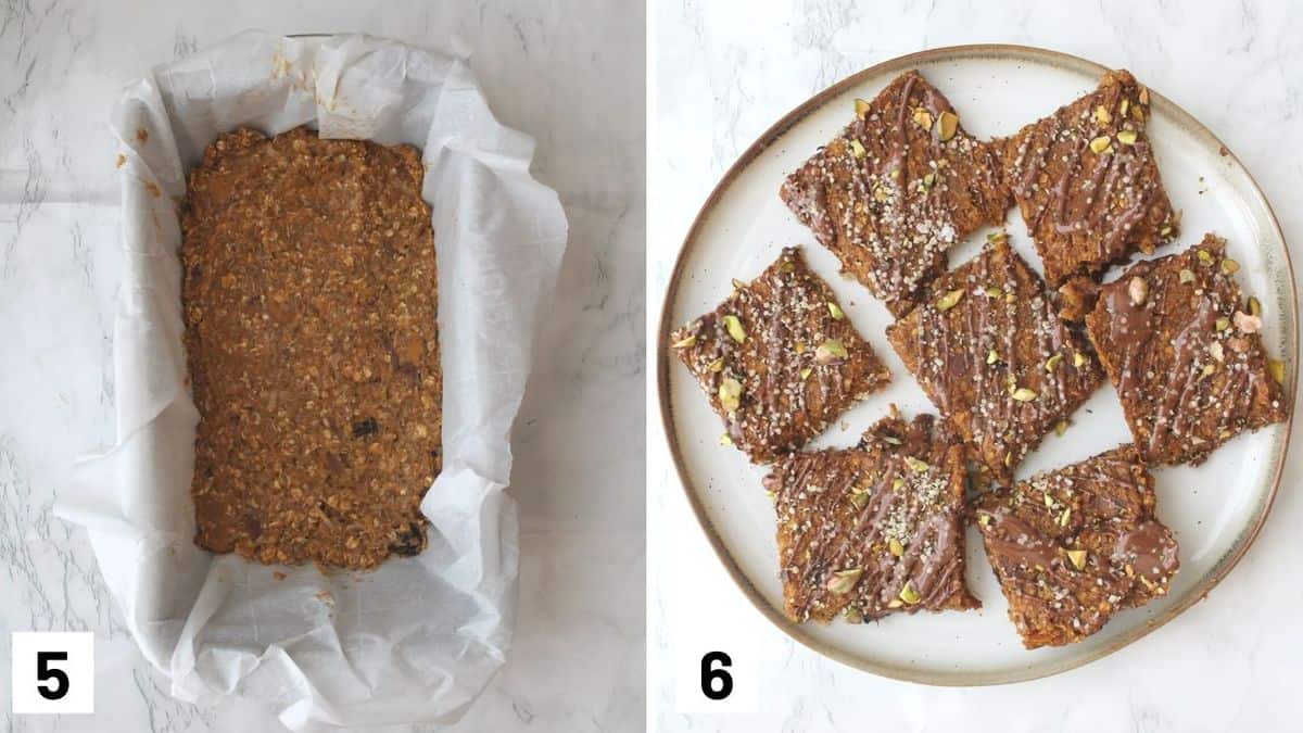 Set of two photos showing the mixture being pressed into a pan and then sliced once cooled.