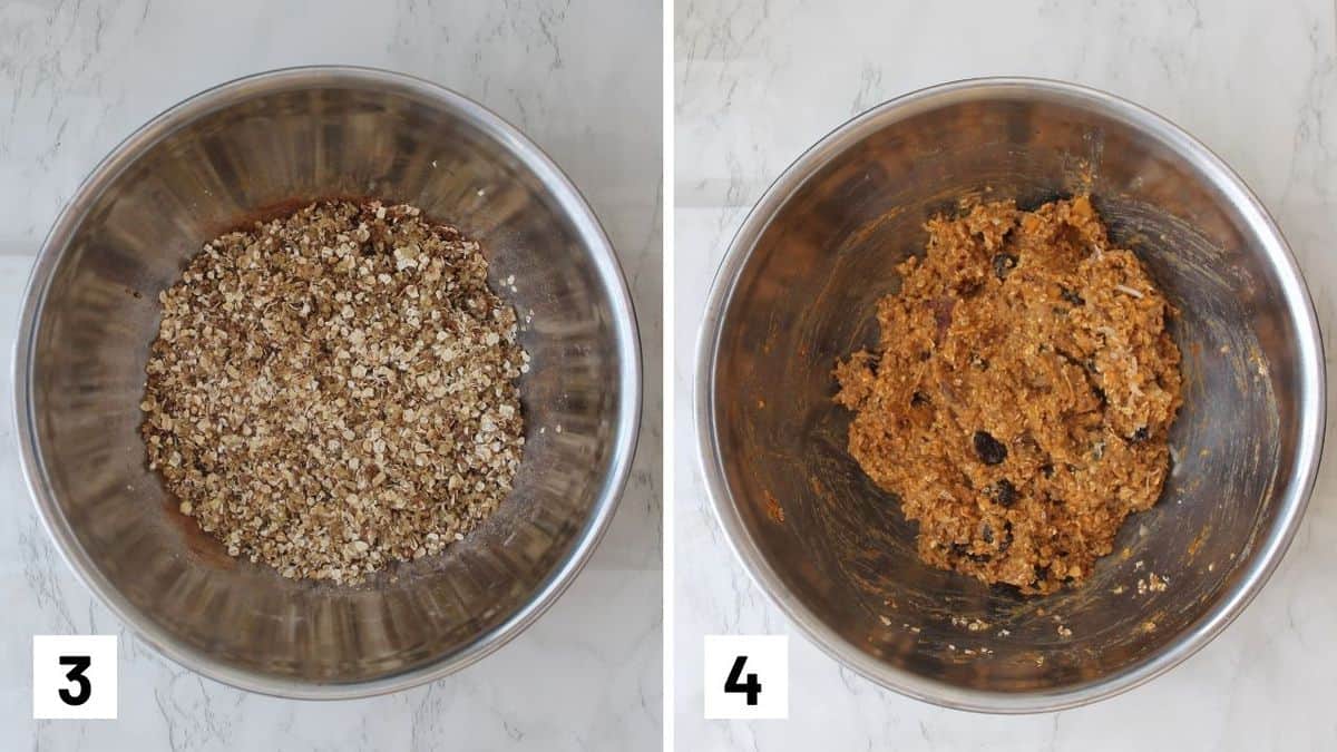 Set of two photos showing dry ingredients mixed together and then mixed with mashed sweet potatoes.