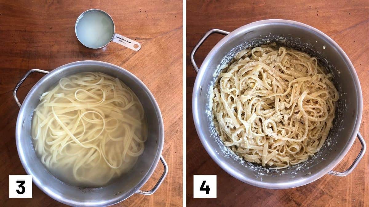 Set of two photos showing pasta being cooked in a pot and then coated in the sauce.