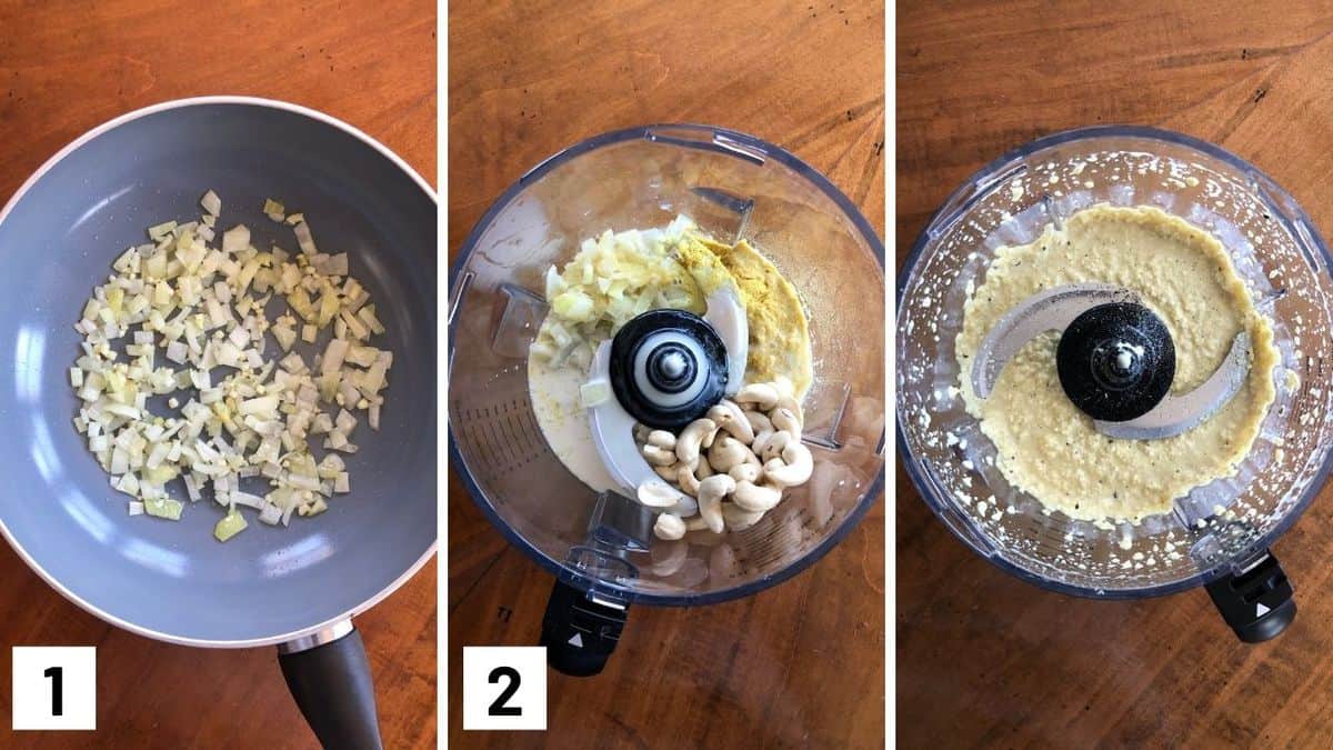 Set of 3 photos showing onions and garlic being cooked and then added to a food processor to blend with other ingredients.