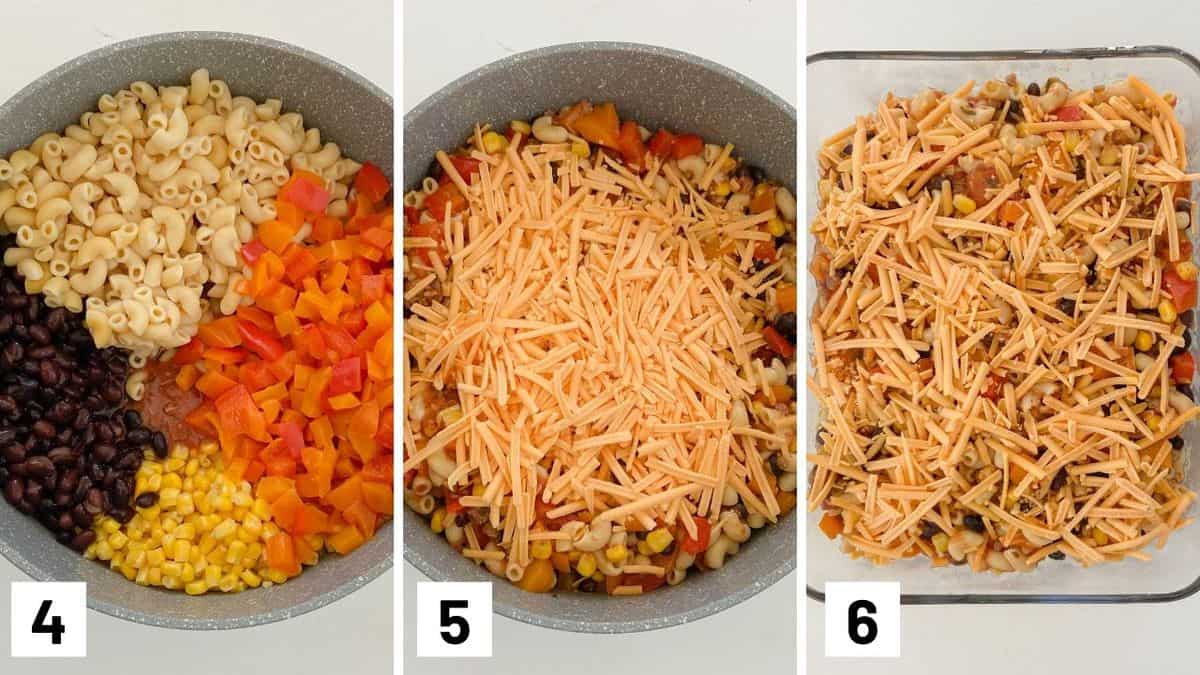 Set of three photos showing adding pasta, beans, corn to a pot, topping it with cheese, then transferring it to a baking dish.