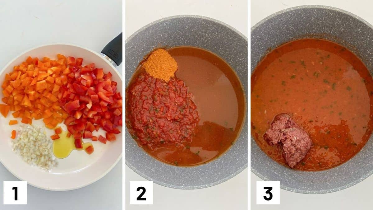 Set of three photos showing how to saute the onions and bell peppers before transferring it to a pot with salsa, taco seasoning, and veggie round.