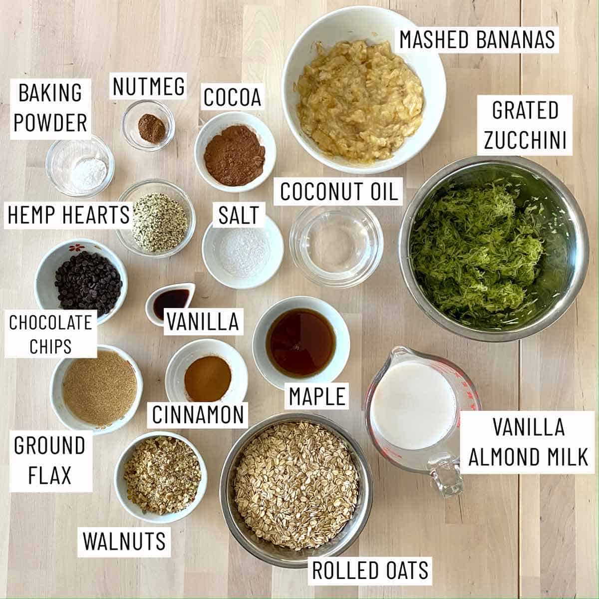 Ingredients needed to make Vegan Baked Oatmeal with Chocolate and Zucchini.