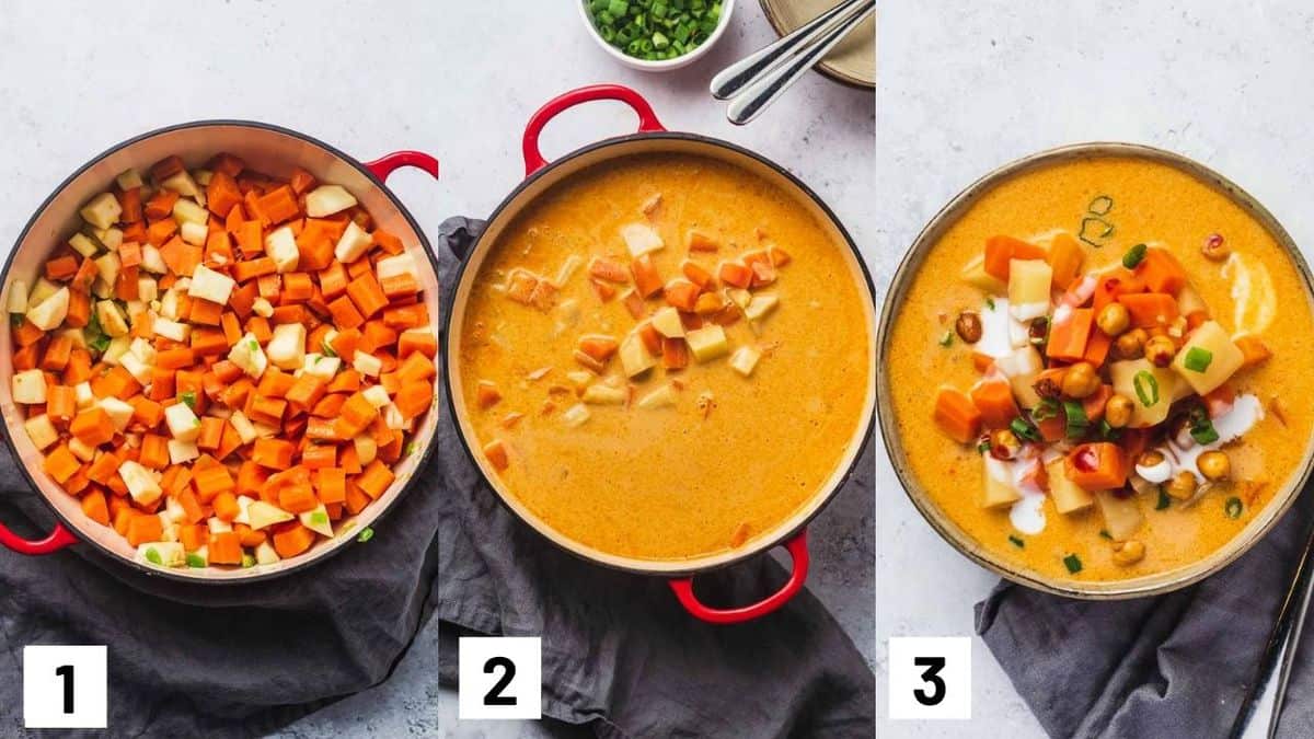 Three side by side images showing how to prepare recipe. 