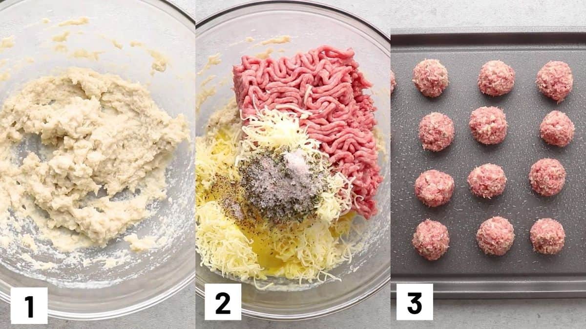 Three side by side images showing how to prepare toddler meatball recipe.
